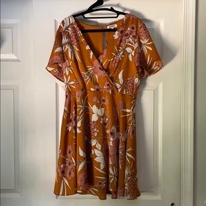 Short Sleeve Orange Floral Fit and Flare Dress